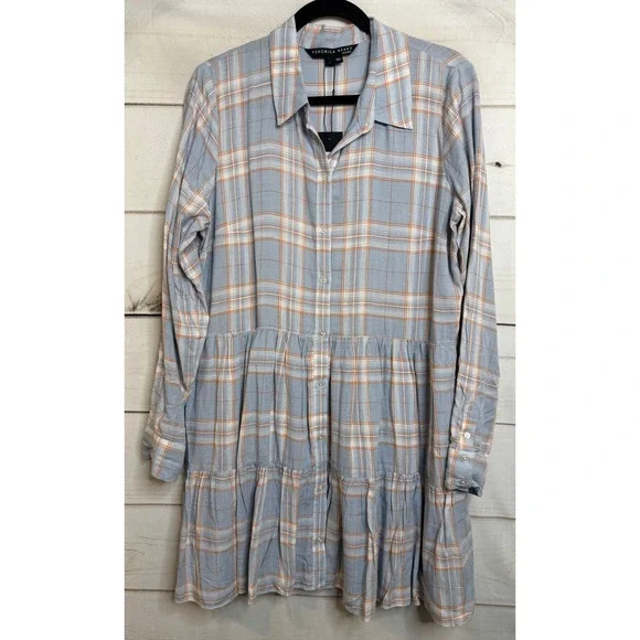 Veronica Beard Jeans Jemila Shirtdress Vapor Multi Plaid Tiered Mini L Boho - Picture 1 of 7